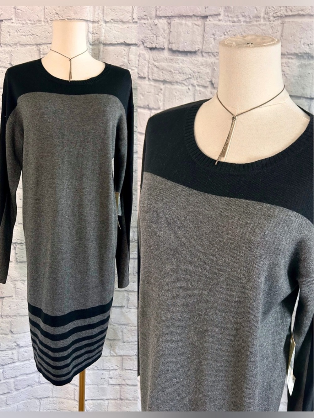 Evan Picone Dress NWT Knit Gray Black Long Sleeve Midi Office Career Classic